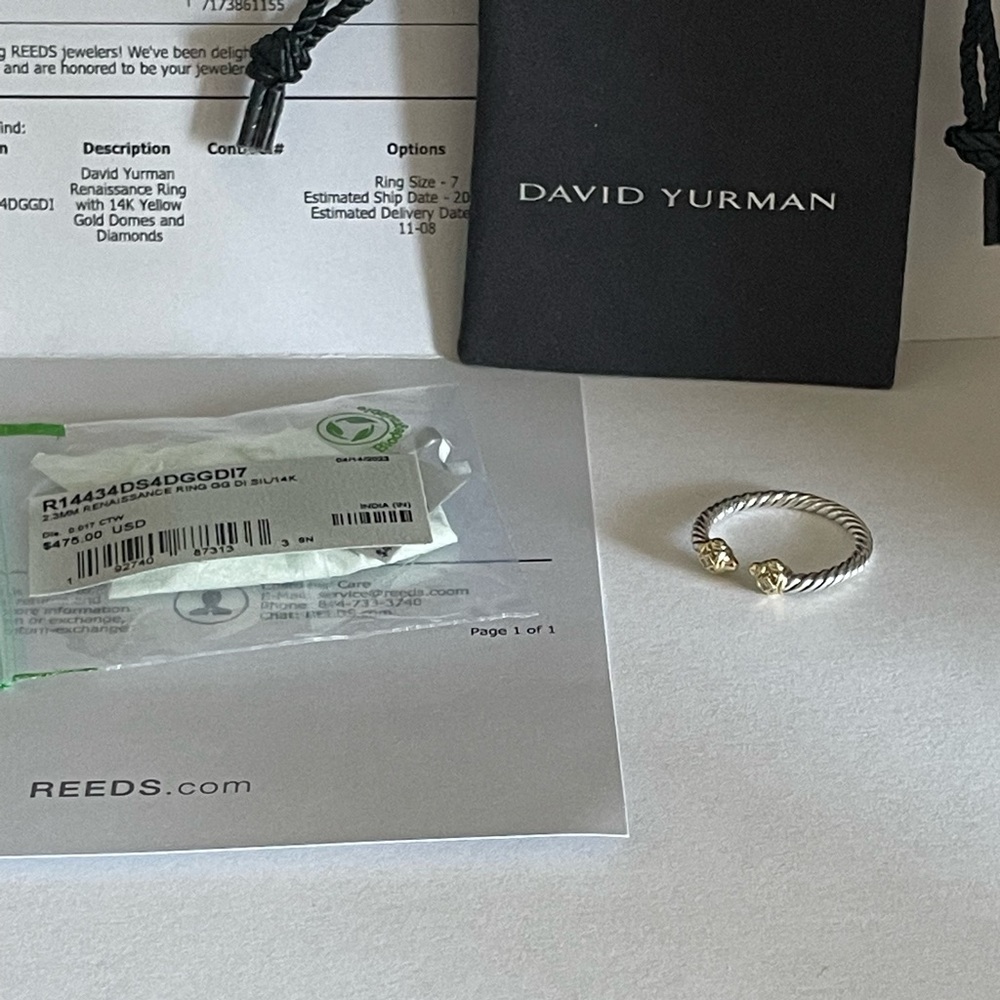David Yurman Renaissance Ring 7
Sterling Silver 14K Yellow Gold Diamonds 2.3mm